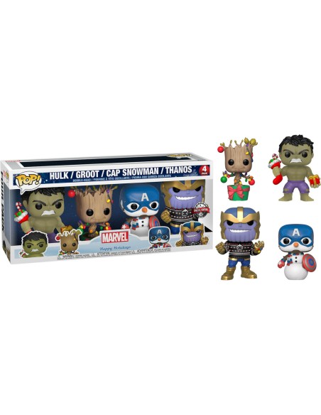 Figura Funko Pop! Marvel Happy Holidays Hulk| Groot | Cap Snowman | Thanos Pack-4 | 51796 Edición Especial