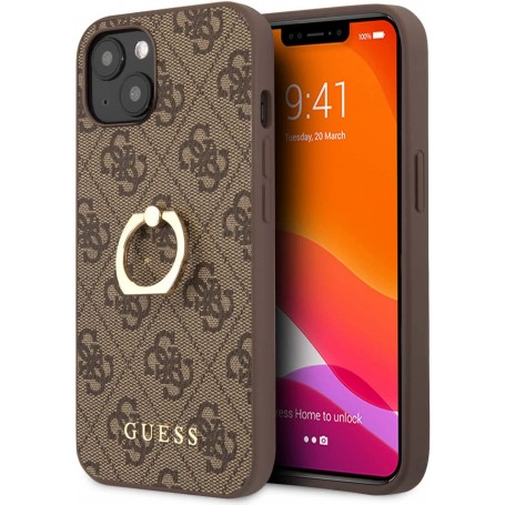 Funda Rígida Guess diseño 4G para Apple iPhone 13 Mini Color Marrón con Anilla GUHCP13S4GMRBR | Caja Dañada | Outlet