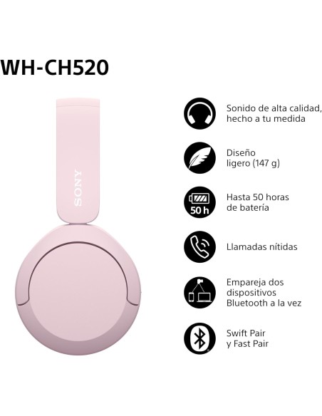 Auriculares Inalámbricos Sony WH-CH520 Color Rosa